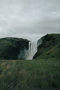 Preview wallpaper waterfall, hills, landscape, grass, greens