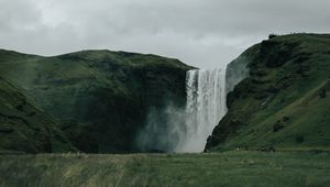Preview wallpaper waterfall, hills, landscape, grass, greens