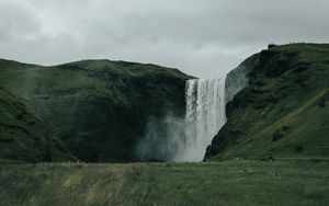 Preview wallpaper waterfall, hills, landscape, grass, greens