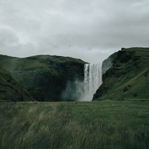 Preview wallpaper waterfall, hills, landscape, grass, greens