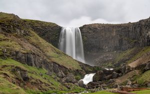 Preview wallpaper waterfall, hills, river, stones, nature