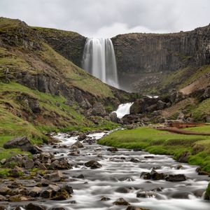 Preview wallpaper waterfall, hills, river, stones, nature