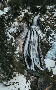 Preview wallpaper waterfall, ice, aerial view, snow, winter, forest, trees, branches