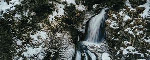 Preview wallpaper waterfall, ice, aerial view, snow, winter, forest, trees, branches