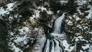 Preview wallpaper waterfall, ice, aerial view, snow, winter, forest, trees, branches