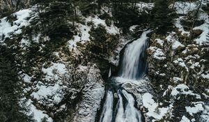 Preview wallpaper waterfall, ice, aerial view, snow, winter, forest, trees, branches