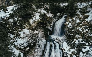 Preview wallpaper waterfall, ice, aerial view, snow, winter, forest, trees, branches