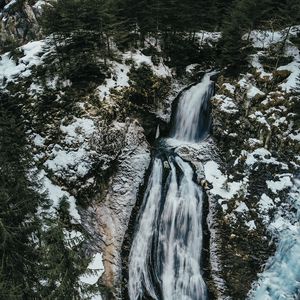 Preview wallpaper waterfall, ice, aerial view, snow, winter, forest, trees, branches