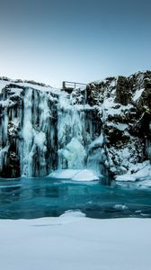Preview wallpaper waterfall, ice, snow, winter, cliff, twilight