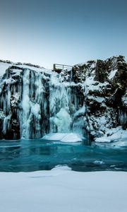 Preview wallpaper waterfall, ice, snow, winter, cliff, twilight