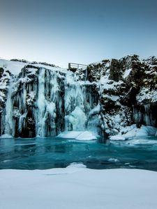 Preview wallpaper waterfall, ice, snow, winter, cliff, twilight