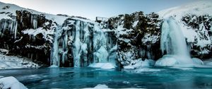 Preview wallpaper waterfall, ice, snow, winter, cliff, twilight