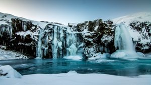 Preview wallpaper waterfall, ice, snow, winter, cliff, twilight