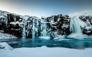 Preview wallpaper waterfall, ice, snow, winter, cliff, twilight