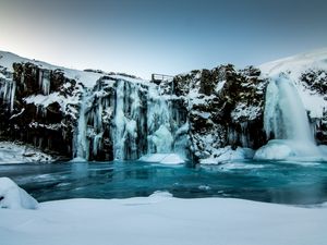 Preview wallpaper waterfall, ice, snow, winter, cliff, twilight