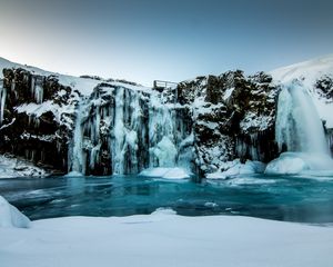 Preview wallpaper waterfall, ice, snow, winter, cliff, twilight