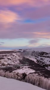 Preview wallpaper waterfall, ice, snow, sunset, sky, winter