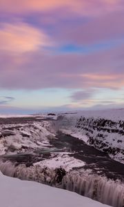 Preview wallpaper waterfall, ice, snow, sunset, sky, winter