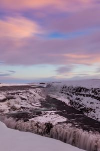 Preview wallpaper waterfall, ice, snow, sunset, sky, winter