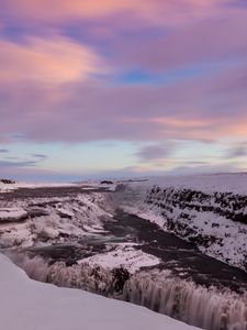 Preview wallpaper waterfall, ice, snow, sunset, sky, winter