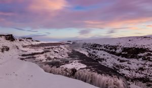Preview wallpaper waterfall, ice, snow, sunset, sky, winter
