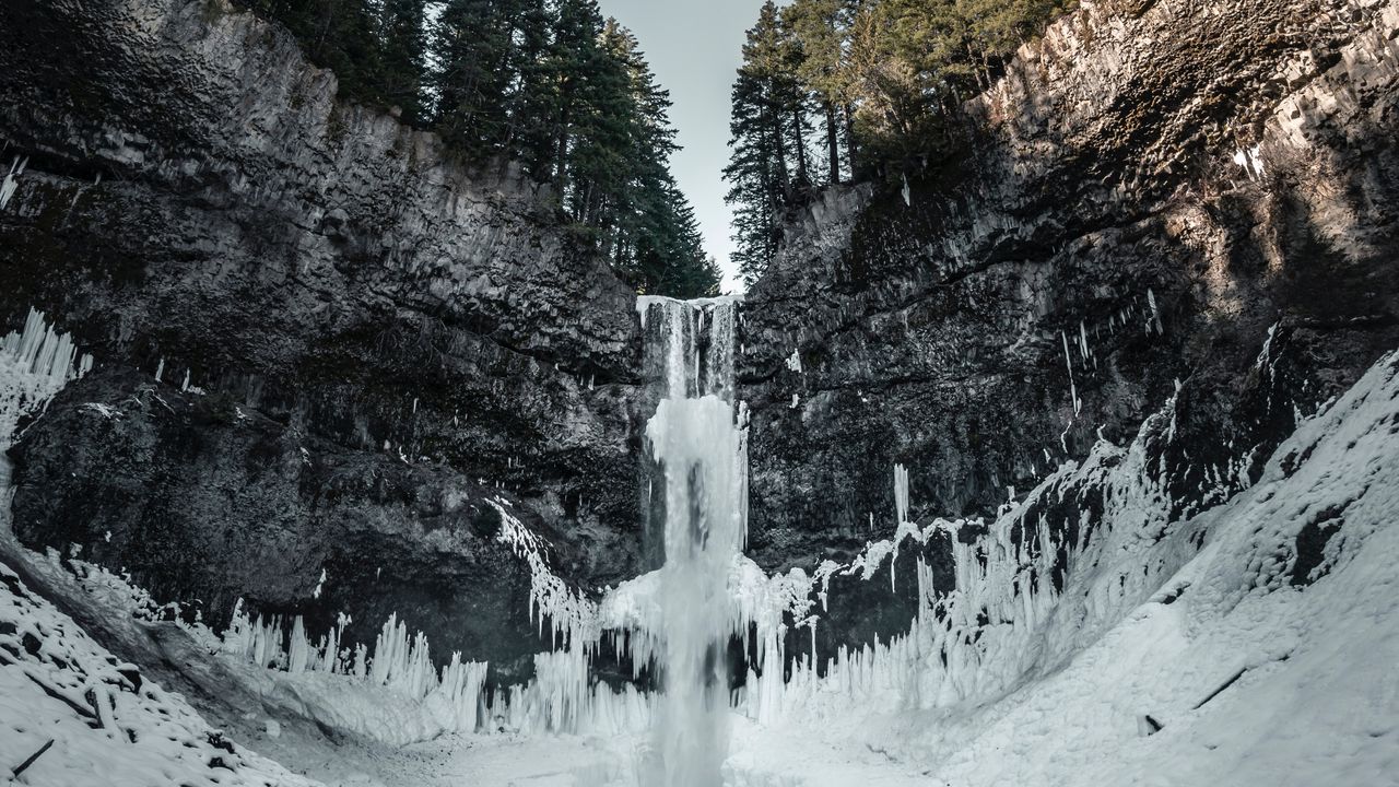 Wallpaper waterfall, ice, snow, cliff, trees