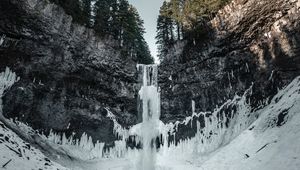 Preview wallpaper waterfall, ice, snow, cliff, trees