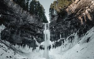 Preview wallpaper waterfall, ice, snow, cliff, trees