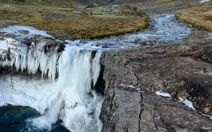 Preview wallpaper waterfall, ice, valley, mountains, nature