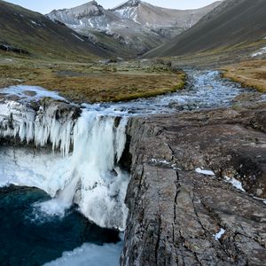 Preview wallpaper waterfall, ice, valley, mountains, nature
