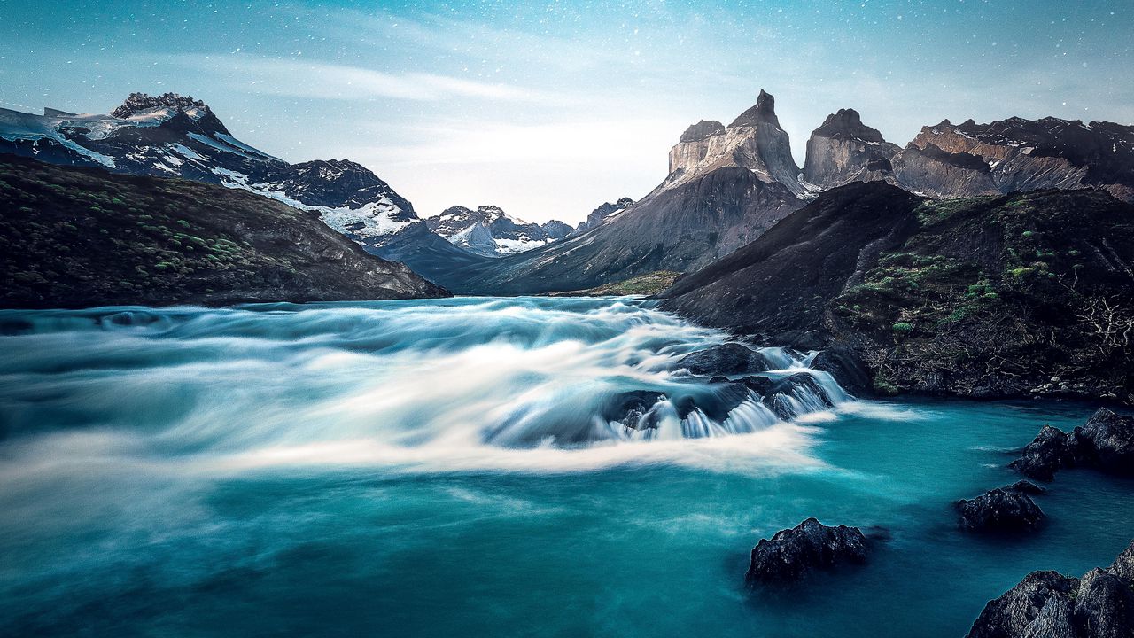 Wallpaper waterfall, lake, rocks, torres del paine, national park, chile