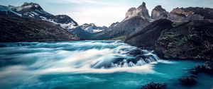 Preview wallpaper waterfall, lake, rocks, torres del paine, national park, chile