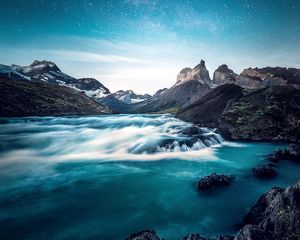 Preview wallpaper waterfall, lake, rocks, torres del paine, national park, chile