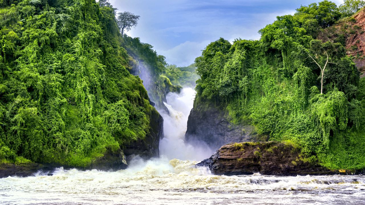 Wallpaper waterfall, landscape, nature, trees, rocks