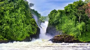 Preview wallpaper waterfall, landscape, nature, trees, rocks