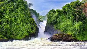 Preview wallpaper waterfall, landscape, nature, trees, rocks