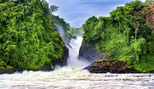 Preview wallpaper waterfall, landscape, nature, trees, rocks