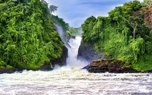 Preview wallpaper waterfall, landscape, nature, trees, rocks