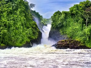 Preview wallpaper waterfall, landscape, nature, trees, rocks