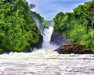 Preview wallpaper waterfall, landscape, nature, trees, rocks