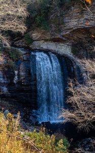 Preview wallpaper waterfall, landscape, rock, cliff, trees, nature