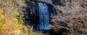 Preview wallpaper waterfall, landscape, rock, cliff, trees, nature