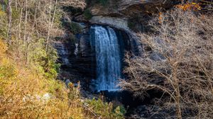 Preview wallpaper waterfall, landscape, rock, cliff, trees, nature