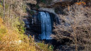 Preview wallpaper waterfall, landscape, rock, cliff, trees, nature