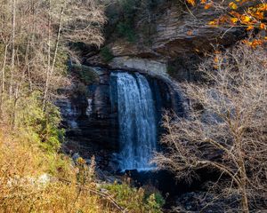 Preview wallpaper waterfall, landscape, rock, cliff, trees, nature