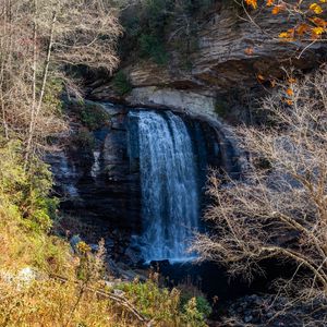 Preview wallpaper waterfall, landscape, rock, cliff, trees, nature