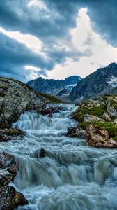Preview wallpaper waterfall, landscape, stones, mountains, nature
