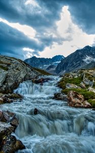 Preview wallpaper waterfall, landscape, stones, mountains, nature