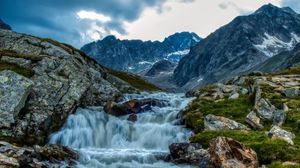 Preview wallpaper waterfall, landscape, stones, mountains, nature
