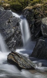 Preview wallpaper waterfall, landscape, stones, nature, long exposure